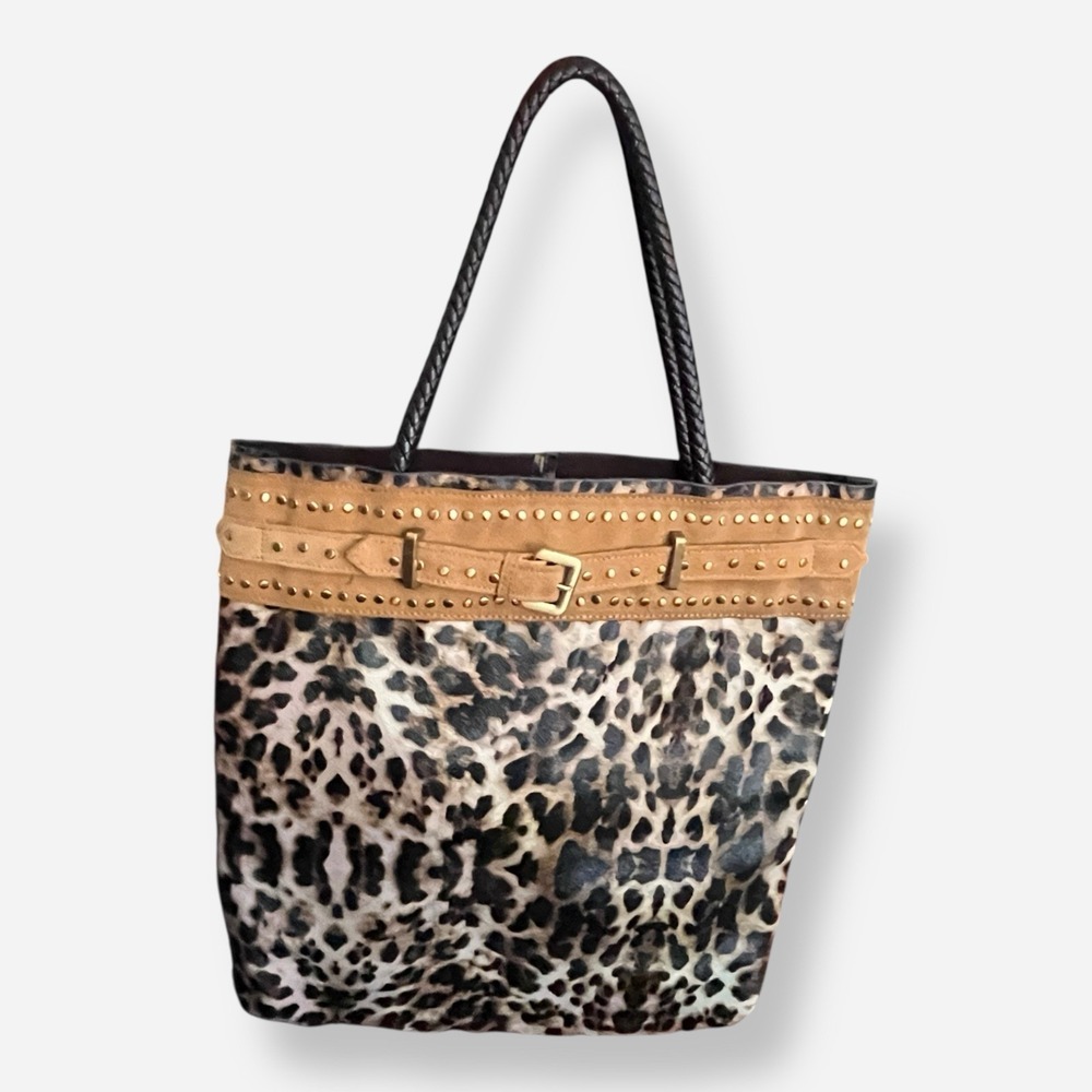 LIONEL Leopard Bag Faux Leather Suede Trim‎ Studded Braided Handles Western